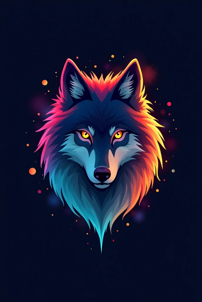 Colorful signs, Simple cute little wolf head vector art logo illustration, front, magic, Sharp design, Soft, monochrome, Dark magic colorful splash paint, T-shirt design, Studio Ghibli style, Design should be vector art . Use Adobe Illustrator, Create a clean, Simple yet charming logo. Keep the design focused on the cat’s eye, Capture its uniqueness and charm. The logo should evoke a feeling of sophistication and serenity. Emphasis on low-poly style,Add a touch of luxury. The overall appearance should be stylish and beautiful, Related to your brand and logo goals, black background, ((symmetry)) This is a wolf,Do not reflect