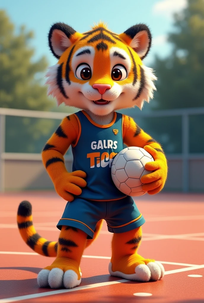 Based on the little tiger. Create a handball team photo, with the name "little tigers", where the tiger will represent the little tiger. The animal must have a handball in its hand, no people in the photo just the animal on a handball court