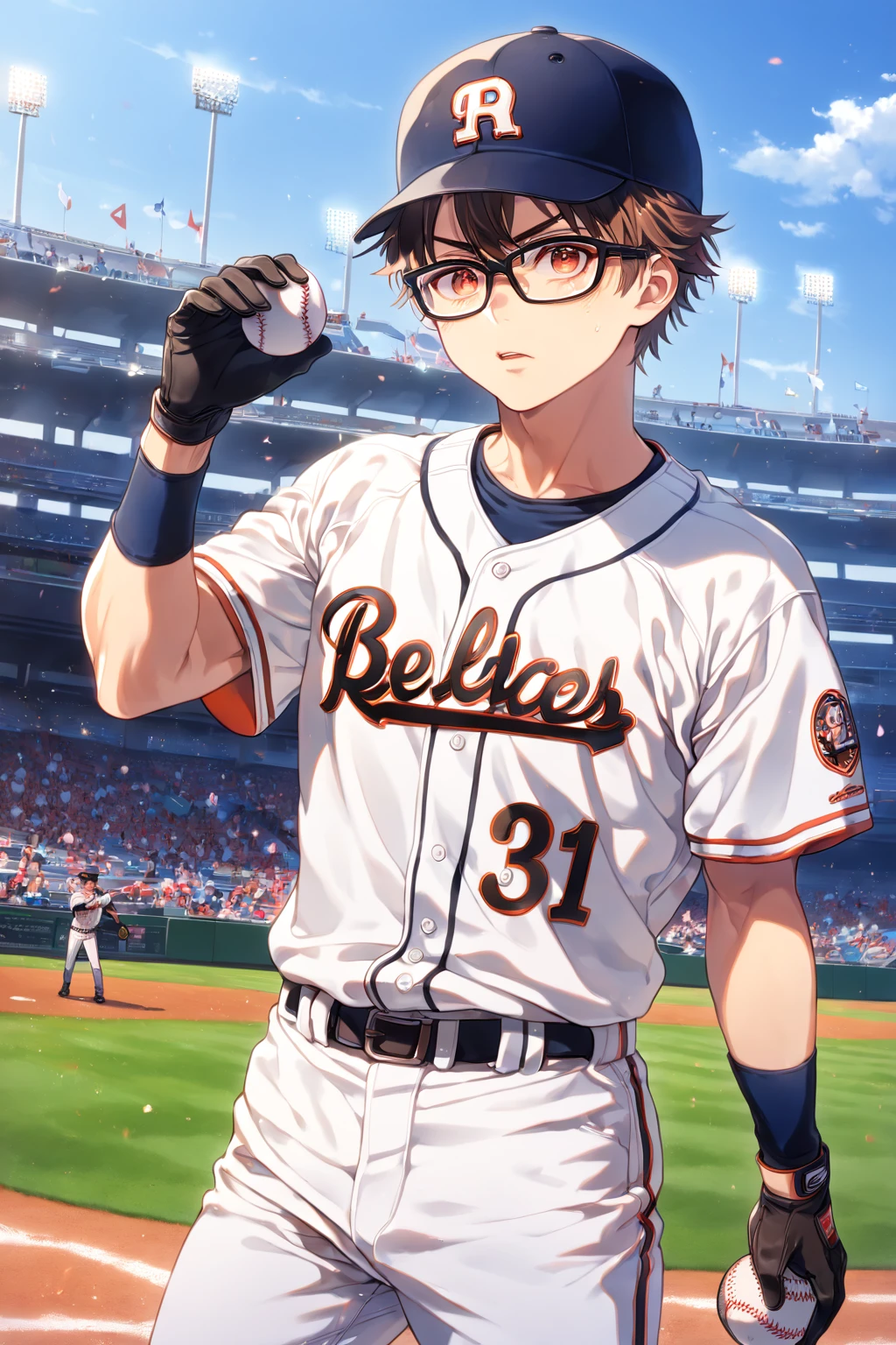 absurdres, highres, ultra detailed, HDR, master piece, Miyuki Kazuya, brown hair, expressive amber eyes, black glasses, white baseball uniform, Diamond No Ace, y man, handsome, best quality, fantasy, magical, solo, sensual, stadium, blue sky, manly man, black gloves, white pants, holding a baseball ball