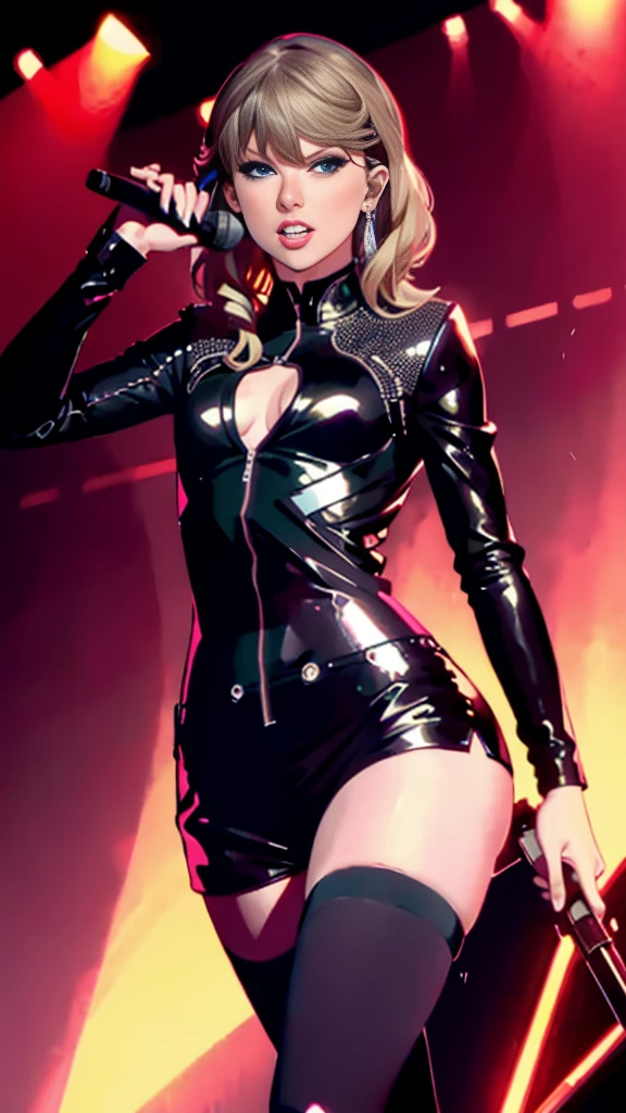 Taylor Swift singing on stage, with y black clothes.
