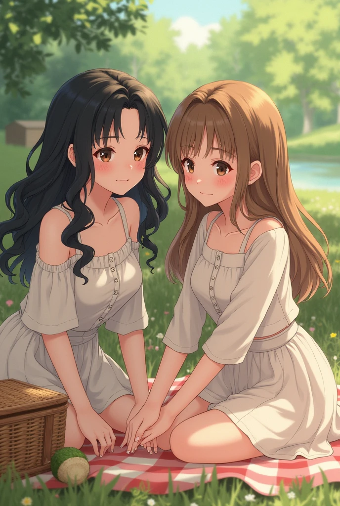 Tami has black curly hair, a little long and his eyes are dark brown, She is white as milk and has reddish cheeks, me instead, I am equally white with light brown eyes, long straight brown hair, blushing cheeks.
we could be on a picnic, both women