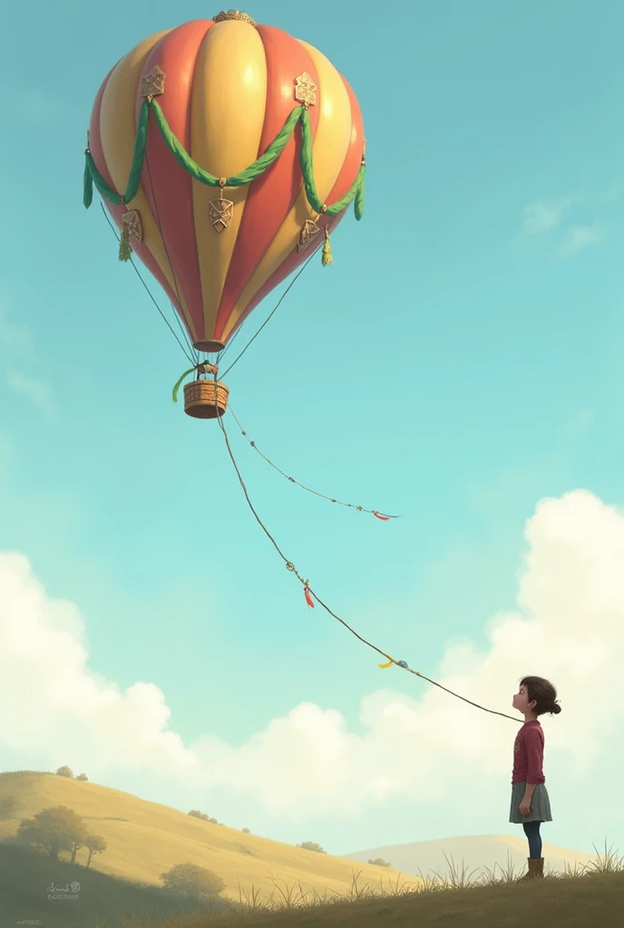 draw on the left side a balloon tied to the ground and on the right side a person facing forward looking sideways up at the balloon