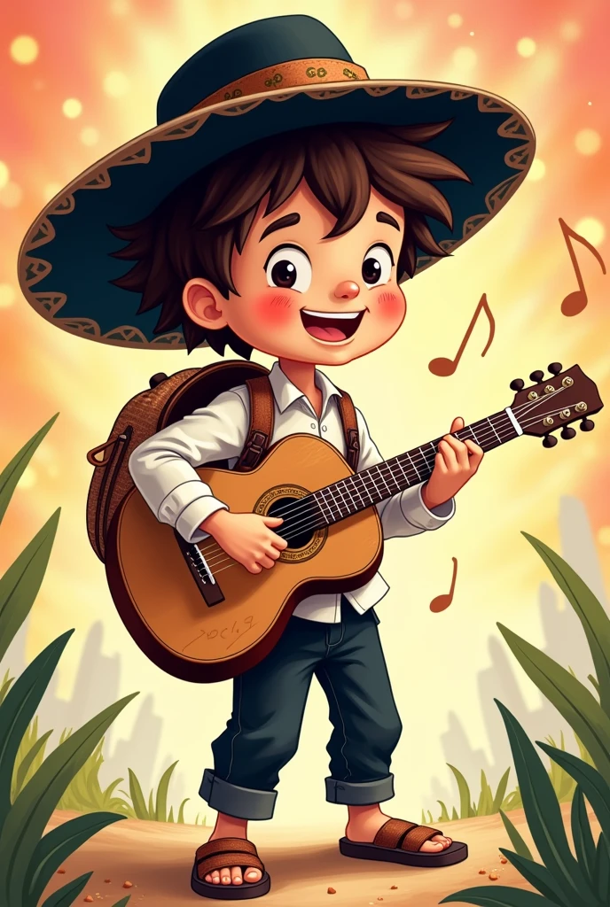 Cartoon of a boy with a fancy black hat, with a woven backpack in one go, white long sleeve shirt, black cloth pants and leather sandals . With his guitar in his hands singing