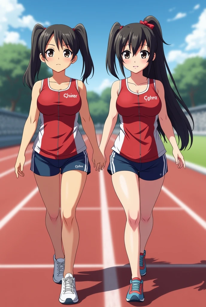 two Japanese girls, track and field uniforms, huge breasts, thick thighs, sweaty, real