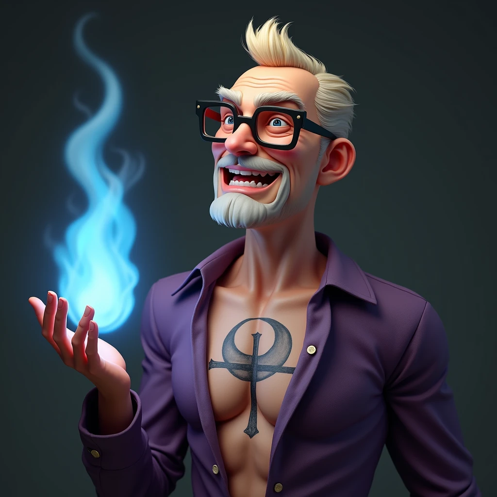 high resolution、8k、Detailed depiction、Real、Realistic、Realistic、male、(((Slender)))、round face、tall、middle aged、4、(((Blonde)))、Narrow eyes、Thin, rectangular, rimless glasses、Intellectual laughter、Both sides are shaved、Hair that stands up on top of the head、open brests、((A tattoo of a waning crescent moon overlapping a large cross in the center of his chest))、Purple Shirt、Bust Shot、Blue flame on the palm of your hand、Single eyelid