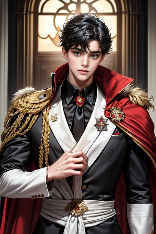masterpiece, 最high quality, high quality, 1 boy, alone, Male focus, Upper Body,Watching the audience, Messy black hair, Adorable big blue eyes, White, Noble, Noble,A black and red cape that is bursting with sexy volume、Tuxedo、A very voluminous, large, very large, very large, long, long red and black cape with a high stand-up collar, made of a lot of fabric that reaches down to the floor., ,cute beautiful,Cute, cute, kind, handsome guy