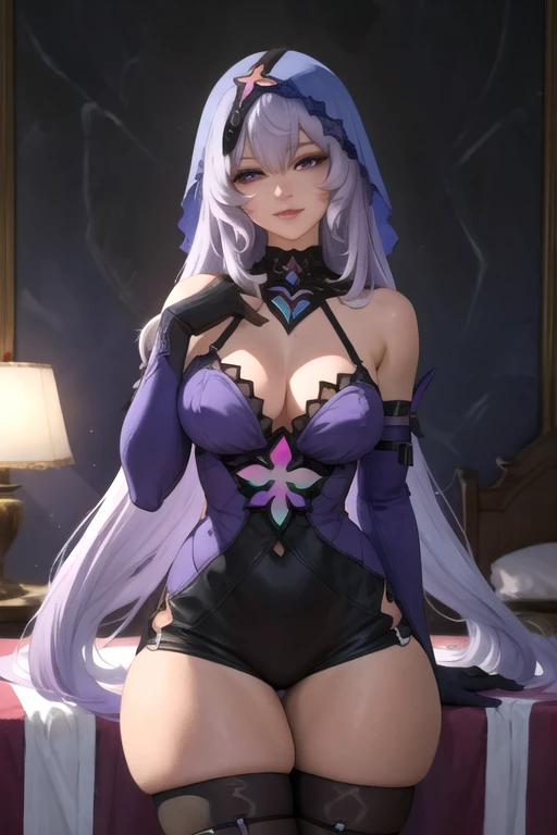 masterpiece, best quality, ultra detailed, dynamic angle, watercolor and oil painting fusion, hot black artwork, white line art, beautiful woman, 1 woman, older woman, black swan, beauty, perfect anatomy, perfect eyes, perfect fingers, perfect hands, anime girl, black high gloves, thick black stockings, sexy dress, tight, thighs, purple hair, seductive smile, room background, soft, seductive, hot, spicy,