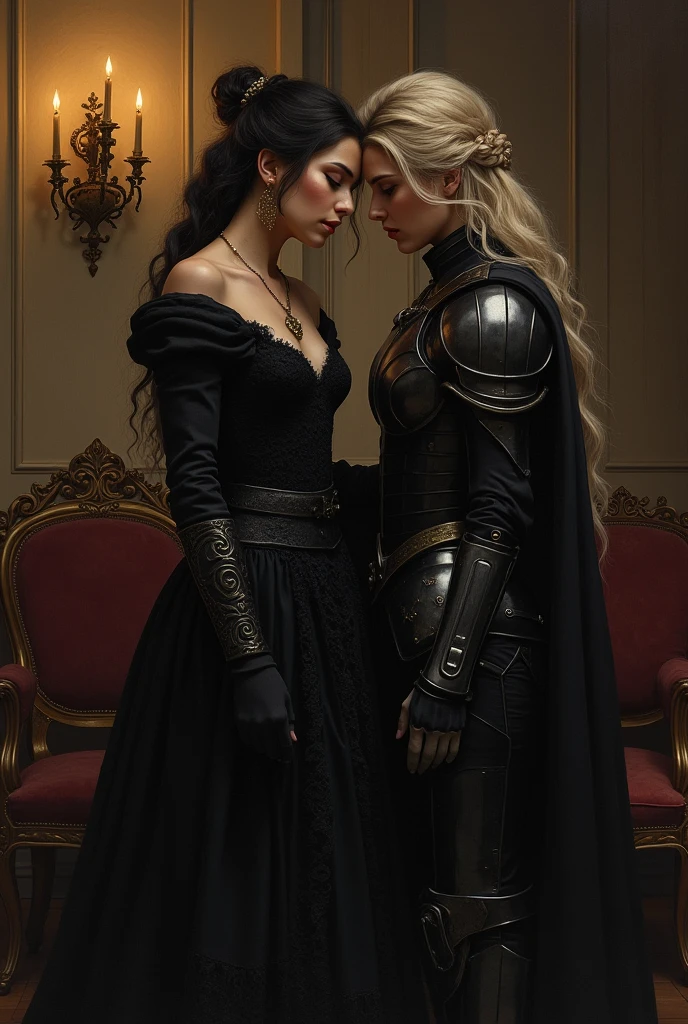 A highly realistic and emotional depiction of Lady Seraphina d’Aurelis sharing a private moment with Lady Isolde Thorne in a dark fantasy setting. The scene is intimate, set in a secluded corner of the palace where the two women are alone. Seraphina, dressed in elegant but dark attire, stands close to Isolde, her expression soft and vulnerable, a stark contrast to her usual cold demeanor. Isolde, clad in her functional yet refined armor, is gentle and reassuring, her presence a source of comfort to Seraphina. The two share a quiet, tender moment, with Seraphina leaning slightly towards Isolde, as if seeking solace in her presence. The lighting is warm and subdued, casting soft shadows that emphasize the closeness between them. The setting is richly decorated with dark, ornate furniture, adding to the sense of privacy and intimacy. The art style is realism with an oil painting texture, capturing the depth of emotion and the complexity of their relationship.