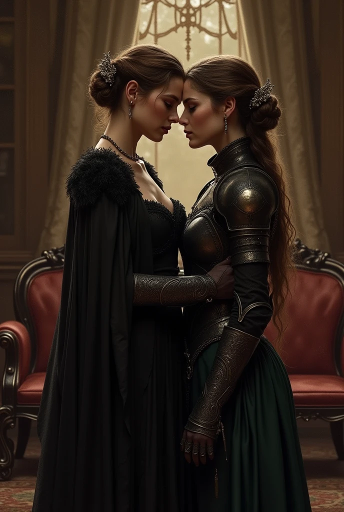 A highly realistic and emotional depiction of Lady Seraphina d’Aurelis sharing a private moment with Lady Isolde Thorne in a dark fantasy setting. The scene is intimate, set in a secluded corner of the palace where the two women are alone. Seraphina, dressed in elegant but dark attire, stands close to Isolde, her expression soft and vulnerable, a stark contrast to her usual cold demeanor. Isolde, clad in her functional yet refined armor, is gentle and reassuring, her presence a source of comfort to Seraphina. The two share a quiet, tender moment, with Seraphina leaning slightly towards Isolde, as if seeking solace in her presence. The lighting is warm and subdued, casting soft shadows that emphasize the closeness between them. The setting is richly decorated with dark, ornate furniture, adding to the sense of privacy and intimacy. The art style is realism with an oil painting texture, capturing the depth of emotion and the complexity of their relationship.