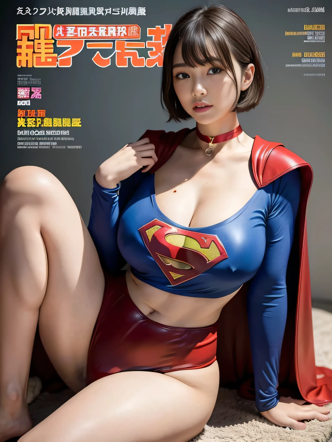 masterpiece、Rubber Supergirl Costume、short hair、barefoot、Big and ample breasts、looking at the camera、choker、Long sleeve、Cape、mini skirt、Off the shoulder、Sweaty skin、Astride the hospital lab equipment、Photo magazine cover、Glamorous cleavage、Boasting beautiful legs、High leg leotard、Glamorous bare legs、Nymphomaniac young wife in her 30s、Close-up shot from the front、
