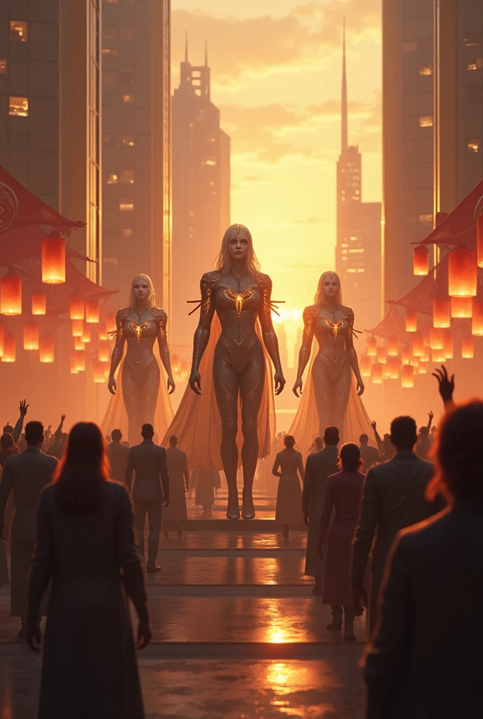The Guardians of the Future bid farewell to the citizens, who thank them for their help.