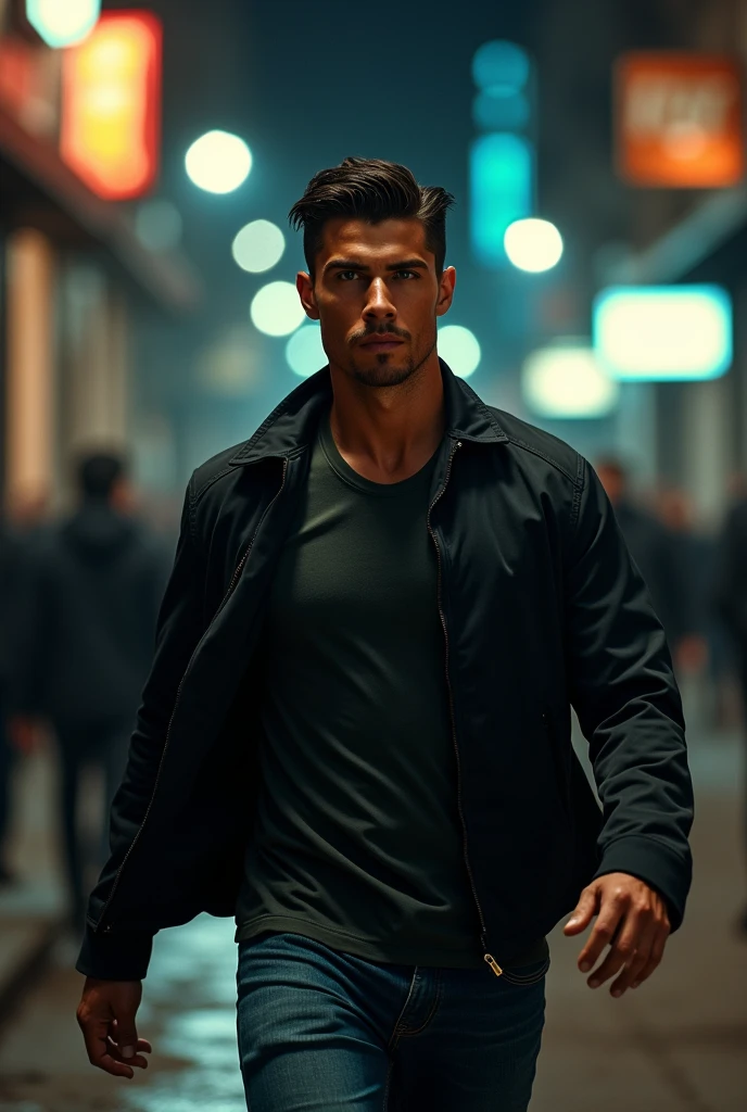 CristianoRonaldo((Best quality, A high resolution) detailed, Realistic, whole body, Handsome young(((one man))), (European appearance), skin texture, dynamic movement, Jeans, Dark jacket, (brunette), great atmosphere, night, hips, blur depth, Danger, Photography 8k, lamps, muffled light, street, complex background