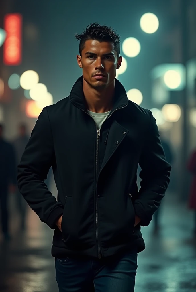 CristianoRonaldo((Best quality, A high resolution) detailed, Realistic, whole body, Handsome young(((one man))), (European appearance), skin texture, dynamic movement, Jeans, Dark jacket, (brunette), great atmosphere, night, hips, blur depth, Danger, Photography 8k, lamps, muffled light, street, complex background