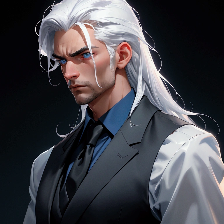envision a 8k, highres, cinematic close up portrait of a strong faced man with a slender skinny body, no facial hair with sleek white hair, and blue eyes wearing black vest and collard shirt, blazer, magic effects against a dark gray background
