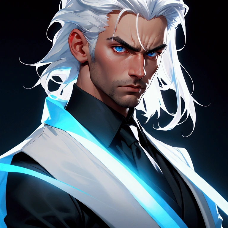 envision a 8k, highres, cinematic close up portrait of a strong faced man with a slender skinny body, no facial hair with sleek white hair, and blue eyes wearing black vest and collard shirt, blazer, magic effects against a dark gray background