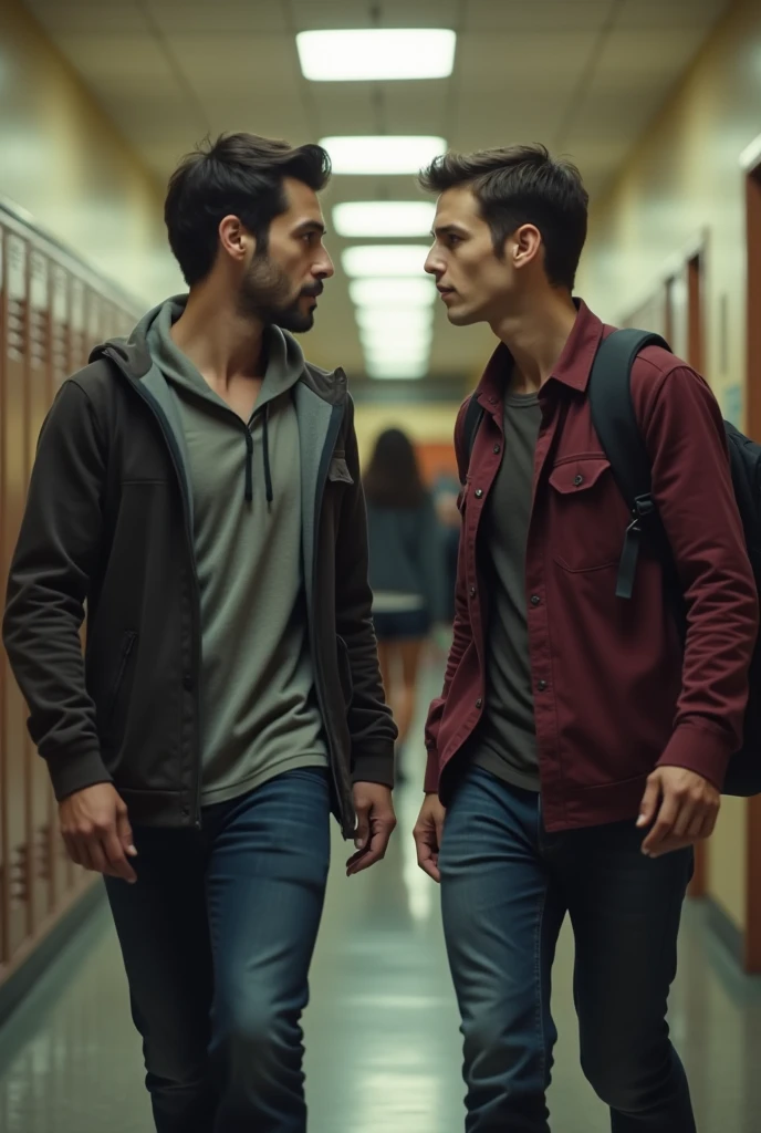 In the hallways of a high school. Daniel (man) worried is talking to Alex(man) as they walk through the halls. Alex(man) She has a flirtatious smile. Lucia is with her friends at a moderate distance from them
