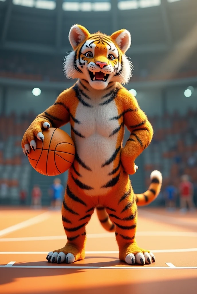 Based on the little tiger. Create a handball team photo, with the name "little tigers", where the tiger will represent the little tiger. The animal must have a handball in its hand, no people in the photo just the animal on a handball court