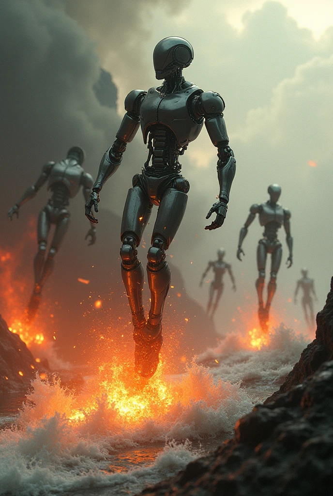 Robots falling under the burning sea