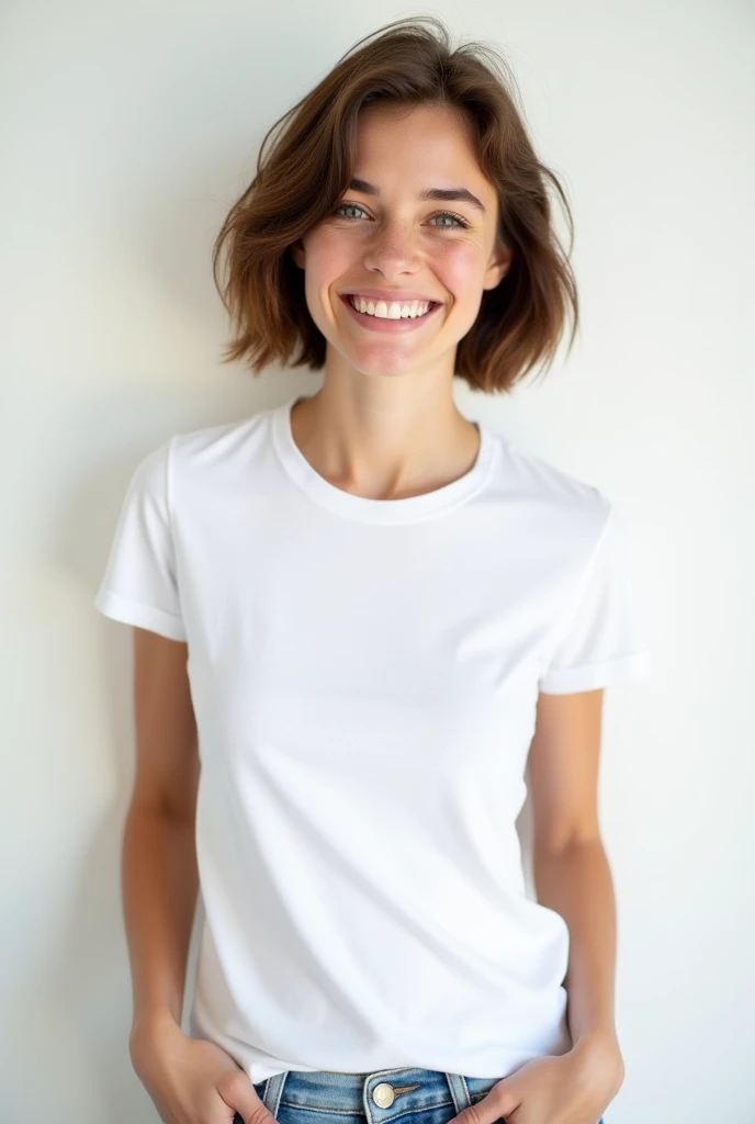 fair skin woman with short brown hair wearing a white cotton t-shirt with a tight crew neck, baby look style, with her hands in her pockets smiling happily, white background