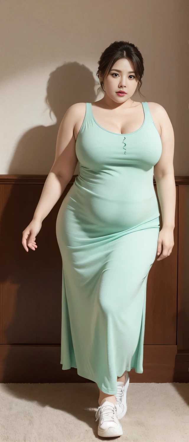 Chubby woman with fat belly and tight thighs, full body, 50-year-old mature woman, thick hips, thick neck, thick chest, big eyes, wearing a longest dress, wearing a sneakers 