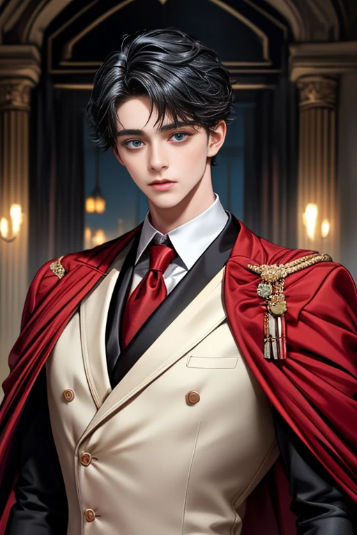 masterpiece, 最high quality, high quality, 1 boy, alone, Male focus, Upper Body,Watching the audience, Messy black hair, Adorable big blue eyes, White, Noble, Noble,A black and red cape that is bursting with sexy volume、Tuxedo、A very voluminous, large, very large, very large, long, long red and black cape with a high stand-up collar, made of a lot of fabric that reaches down to the floor., ,cute beautiful,Cute, cute, kind, handsome guy