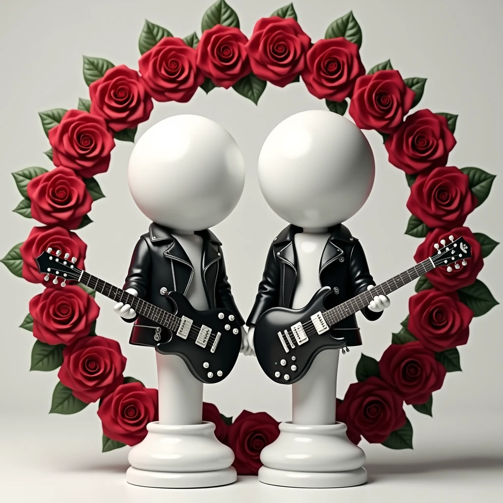 Create two characters that are chess pawns wearing a leather jacket and holding an electric guitar.. The head should be spherical without eyes similar to a real chess pawn and without legs like the base of a real chess pawn.. The base, head and hands should be white.... Surround the characters with a circular garland of red roses like the logo of the band Guns&#39;n Roses