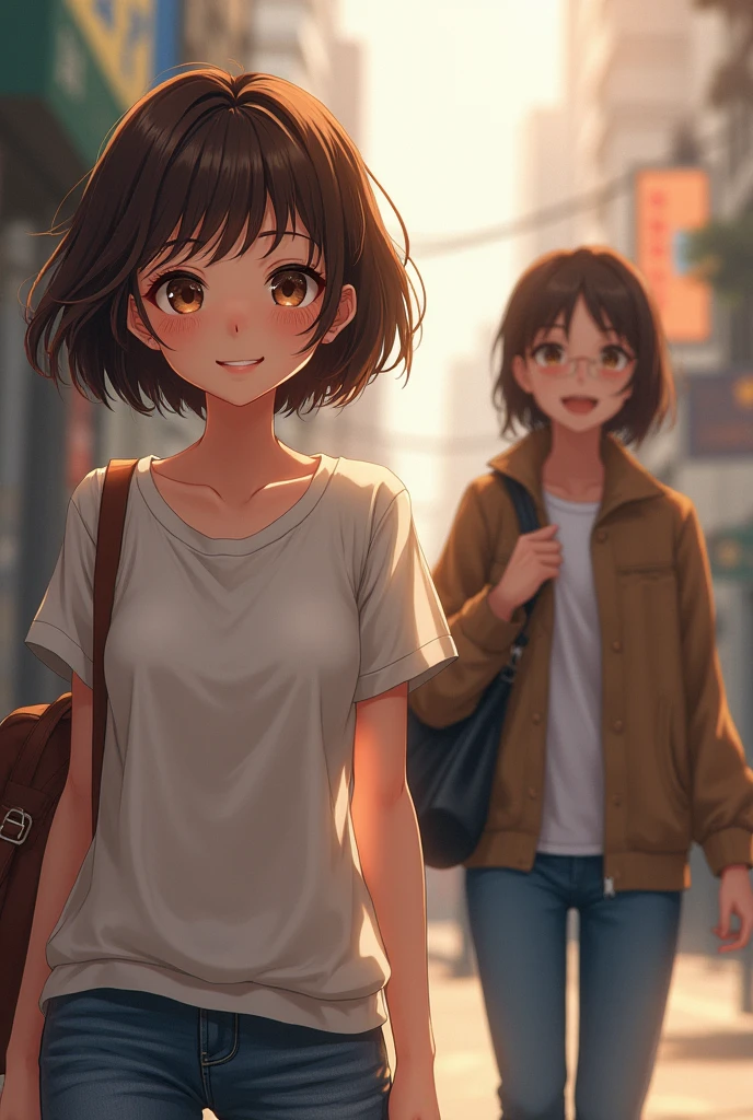 A pretty girl with bright brown eyes, with her channel cut hair and dark brown hair color, with a height of 1'60, walking with a friend at your side talking, anime drawing