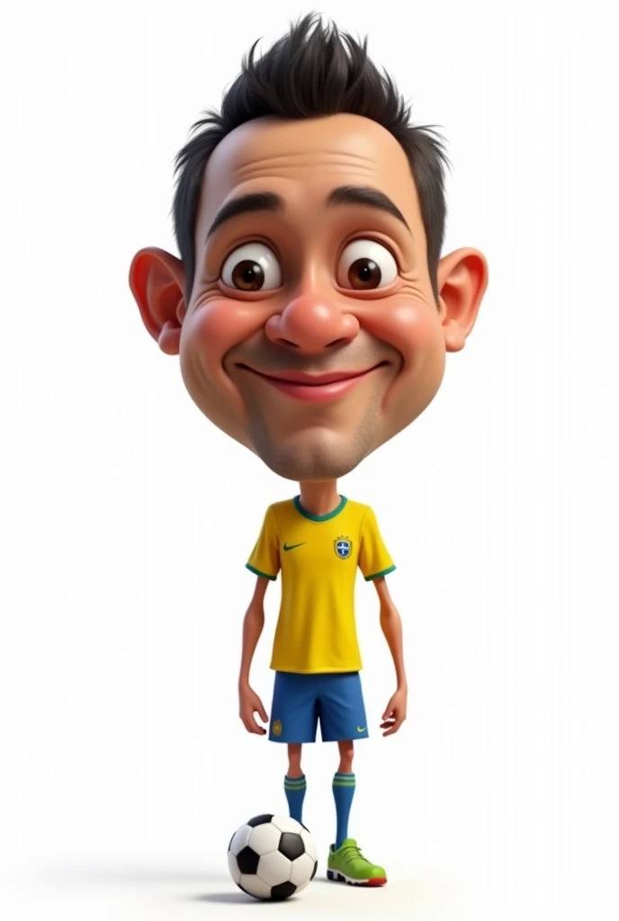 A very funny caricature of the Brazilian soccer team, with a very big head, thin legs, and big hands, wearing the Brazil national team jersey and playing soccer. The background should be completely white.
