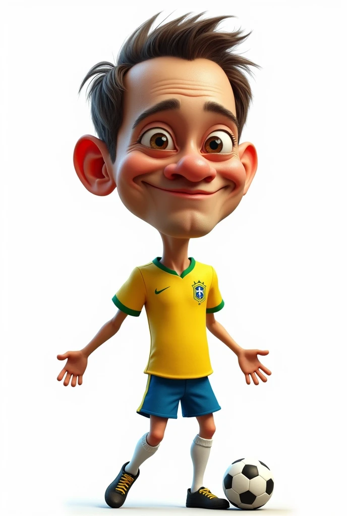 A very funny caricature of the Brazilian soccer team, with a very big head, thin legs, and big hands, wearing the Brazil national team jersey and playing soccer. The background should be completely white.
