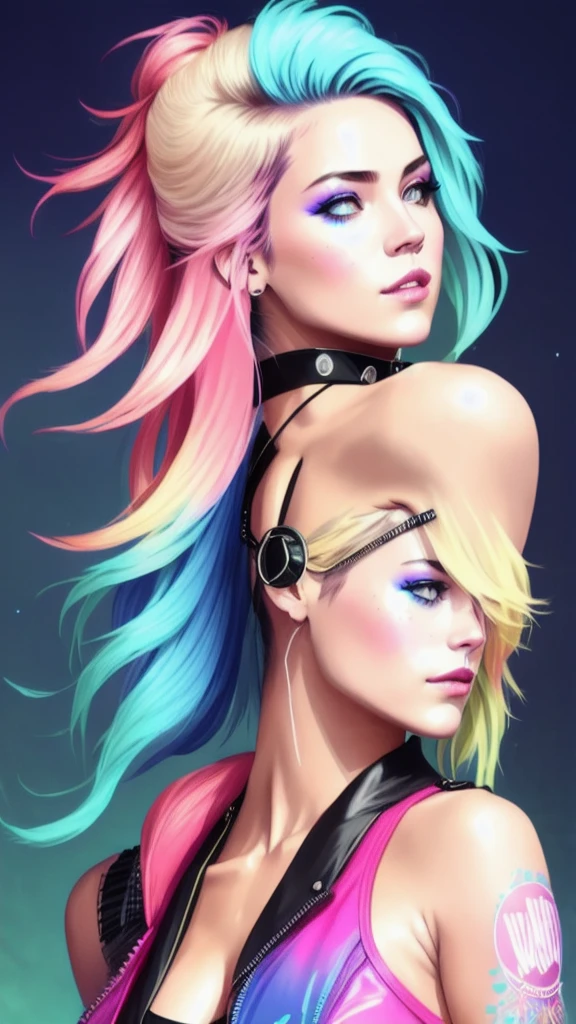 swpunk style synthwaveaward winning half-length portrait of a woman in a motel, big breasts and hot body naked, with teal navy blue ombre hairstyle with flying hair, paint splatters, splashes, overdrive, vaporware, shaded flat illustration, art digital, artstation trends, highly detailed, fine detail, intricate, imagem sem nenhum defeito,  bracos correto cabeca correta