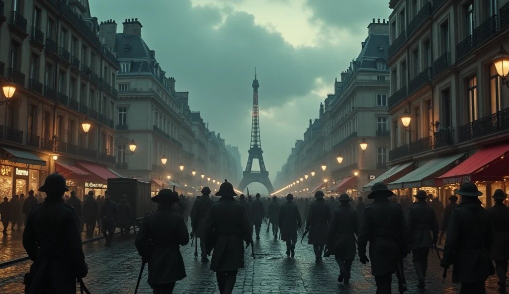 a 1912 chaotic city of paris, soldiers marching in the streets, highly detailed, ornate architecture, dark stormy skies, dramatic lighting effects, cinematic atmosphere, gritty realism, moody color palette, chiaroscuro lighting, (best quality,4k,8k,highres,masterpiece:1.2),ultra-detailed,(realistic,photorealistic,photo-realistic:1.37)