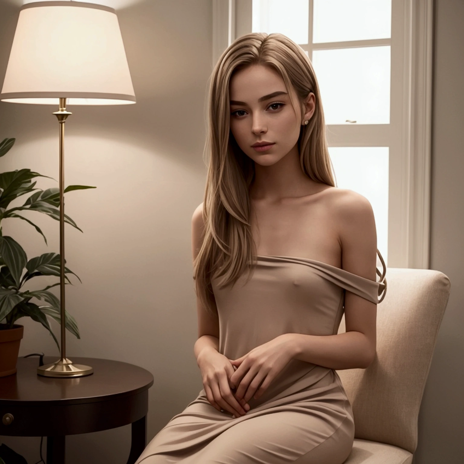 A femboy with delicate features and shoulder-length hair sits gracefully on a chair in a cozy room. He's wearing a stylish beige dress that drapes softly over his frame, highlighting his slender figure. The room around him is warmly lit, with soft shadows playing on the walls. A few personal items like books, a small potted plant, and a lamp give the space a comfortable, lived-in feel. His expression is serene, and his posture is relaxed, exuding a gentle and peaceful vibe.