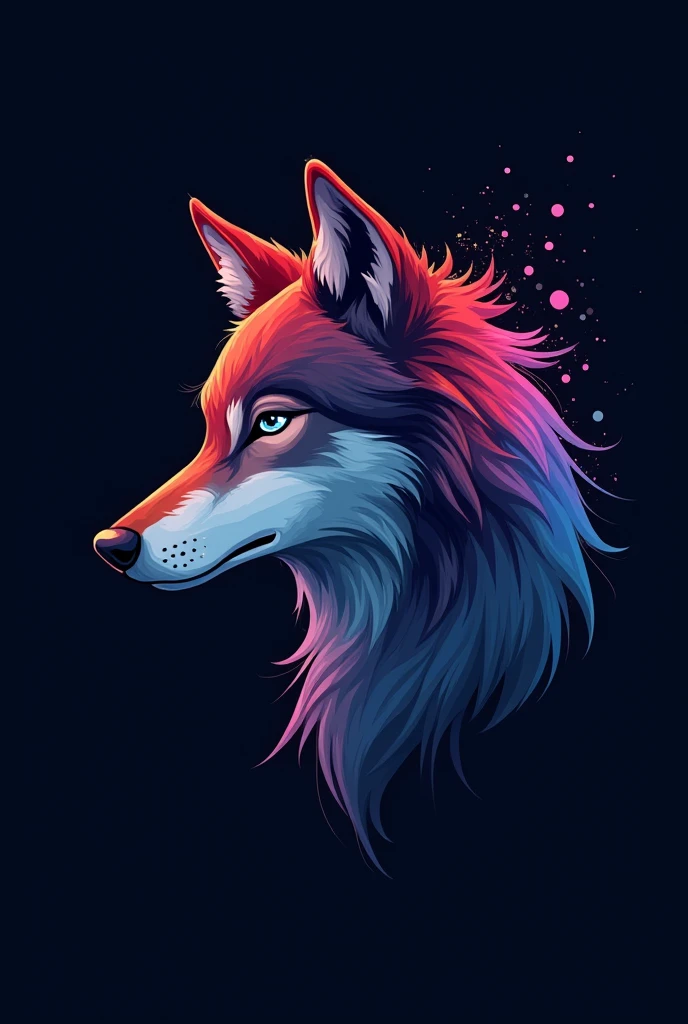 Colorful signs, Simple cute little wolf head vector art logo illustration, front, magic, Sharp design, Soft, monochrome, Dark magic colorful splash paint, T-shirt design, Studio Ghibli style, Design should be vector art . Use Adobe Illustrator, Create a clean, Simple yet charming logo. Keep the design focused on the cat’s eye, Capture its uniqueness and charm. The logo should evoke a feeling of sophistication and serenity. Emphasis on low-poly style，Add a touch of luxury. The overall appearance should be stylish and beautiful, Related to your brand and logo goals, black background, ((symmetry))　This is a wolf，Do not reflect