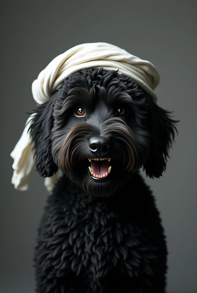 Black angry Labradoodle wearing a white guthra