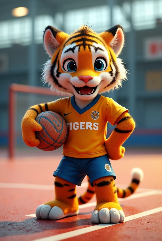 Based on the little tiger. Create a handball team photo, with the name "little tigers", where the tiger will represent the little tiger. The animal must have a handball in its hand, no people in the photo just the animal on a handball court
