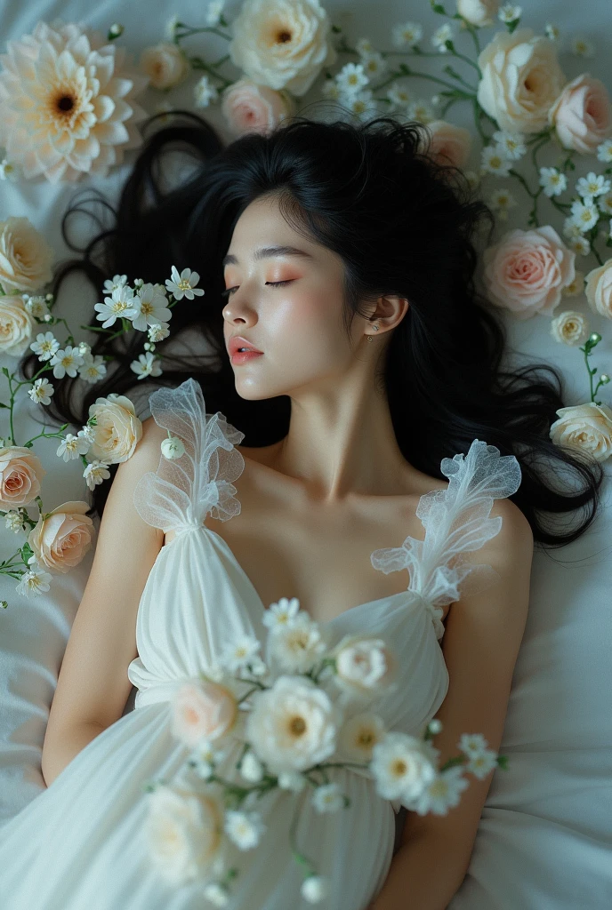 There is a woman lying on the bed with a bunch of flowers, flowers in her dark hair, Girl in a bed of flowers, with flowers, flowers growing from the body, beautiful girl, with frozen flowers around her, flowers covering her eyes, flowers growing out of her body, wrapped in flowers, covered with flowers, beautiful image, girl in flowers, feeling sleepy