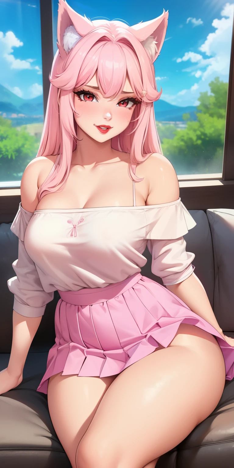 medium breasts, 1 girl, ((light pink hair)) ((wolf girl)) light red eyes, has a beautiful sensual body, with full breasts and thin waist, and an extremely sexy body, HIP HOP Long pleated skirt, Pink off-the-shoulder blouse, has a bold appearance. Youngh, 品質, realisitic, best 品質, cute expression, red lipstick lips, Beautiful smile of a girl in love, leaning, In the living room, beautiful and with a romantic setting