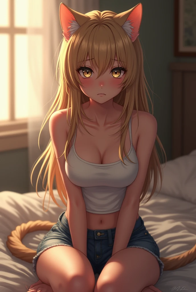 Catgitl,In a room, long blonde hair, wearing a white cropped tank top, shorts jeans curto, sitting on the bed, Jealous