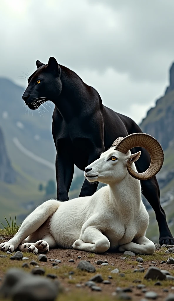 "A realistic scene of a black panther standing over a white large ram with curved horns in a mountainous landscape. The panther is in a dominant position, with one paw on the ram, which is lying down. The background features distant mountains under a cloudy sky, and the ground is covered in rocky terrain with sparse vegetation."