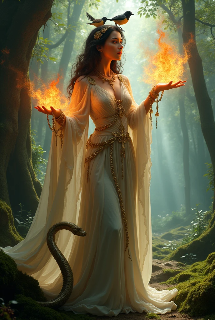 Generate a mytical looking woman that has red eyes, mytical flame coming out of her hand and is surrounded by animals, snake going around her body, birds on her head talking to them in the forest