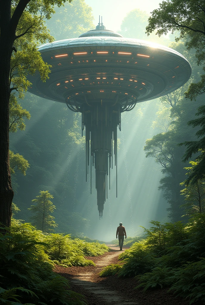 An alien ship landing in a forest