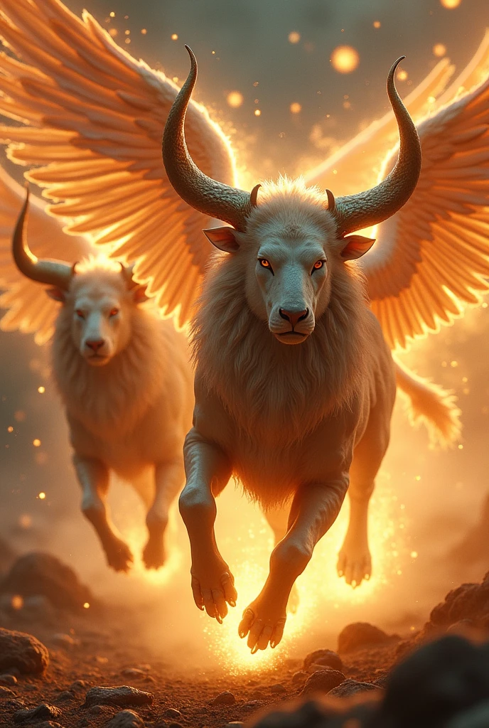 Her legs were straight; His feet looked like bull's hooves and shone like polished bronze.. Each one had four wings, and on all four sides, under the wings, They had human arms and hands. They extended two of their wings to touch each other., and with the other two wings they covered their body. The beings also had four faces. front views, They had human appearance; right side views, They looked like lion faces; on the left side, They looked like bull faces, and from behind they looked like eagle faces. As the spirit of God made them advance, They moved from one side to the other with the speed of lightning, but always forward. They never turned around to look back. These beings shone like burning coals.; It seemed as if there were torches moving back and forth in their midst., or as if rays of light came out of a very bright fire.