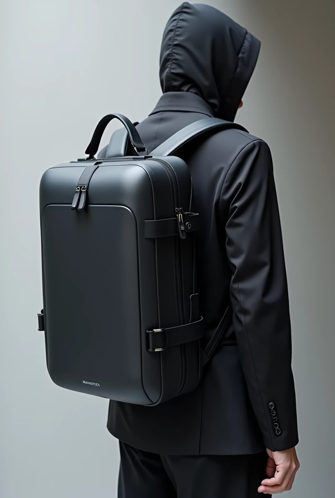 I need a bag that has a USB input on the side of the bag, a built-in battery, a dark color, and a small camera on the front and back. 