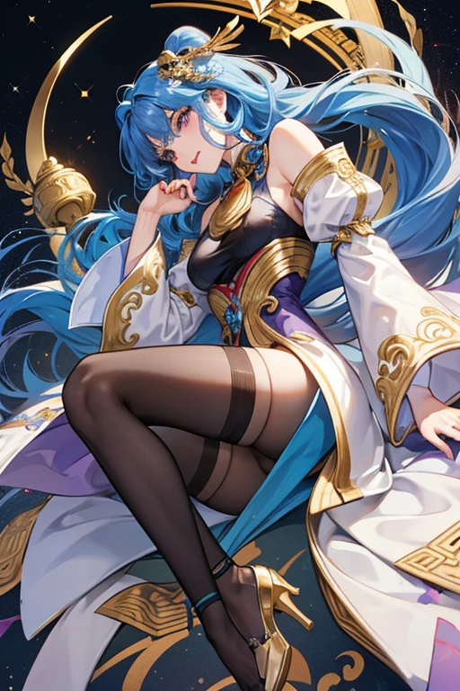Ganyu's cerulean blue hair is at her shoulder length, styled with two locks of hair in the front reaching her chest, and a thick rat tail in the back.
Ganyu's outfit consists of a black halternecked leotard and black tights with gold accents on the legs, under a white and purple bodice with gold trim and long ends similar to a tailcoat, with a separated pair of sleeves to match and a pair of gray high heels with black soles. Her Cryo Vision rests on her left hip with a red cloverleaf knot. Additionally, she wears a partially flattened golden bell around her neck tied by a ribbon with xiangyun motifs. . SPARKLE; GLITTER
