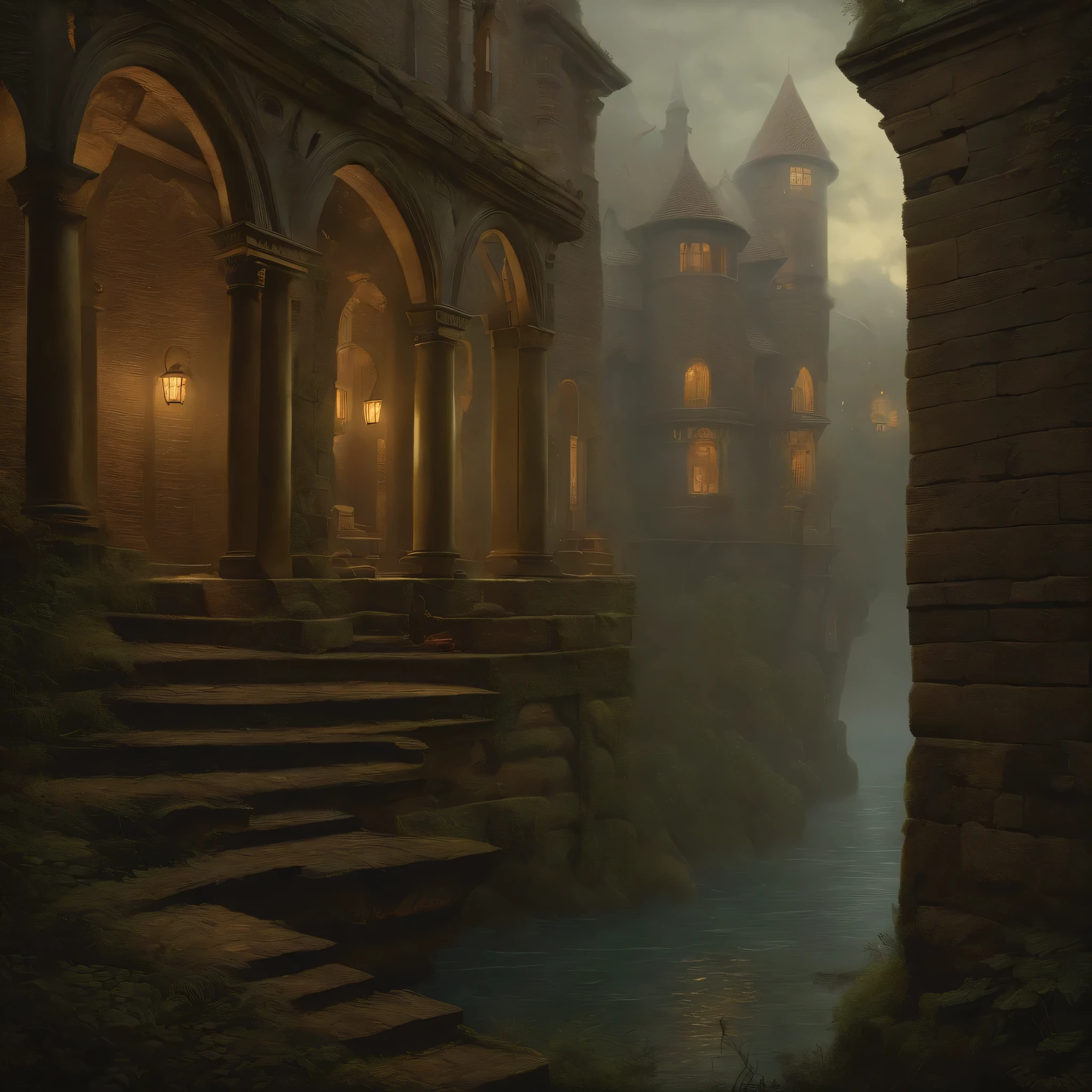 myst, by thomas kinkade, aron wiesenfeld y beksincki y adrianus eversen y gediminas pranckevicius y escher, Elaborately refined textures, matte Lackdetails, dark colour, fantastic, Intricate detailing