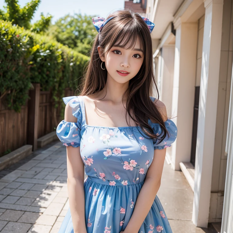 laughing out loud,travel scenery photos,Put on a sweet dress,blue floral pattern dress,Floral pattern scattered throughout the dress,Puff sleeves,公主Puff sleeves,Puff sleeves蓋住肩膀,Puff sleeves cover shoulders,Short sleeve,A-line dress,(There is a layer of transparent mesh outside the skirt), Fluffy and lightweight dress,(The dress is made of mesh), There are pink ribbon bows on both sides of the collarbone.,High hem A-line skirt,1 female, On the face, light brown hair, blunt bangs, hair behind ears, Shoulder length hair, long hair, Slender body type, 超face slimming型, face slimming, delicate lips, beautiful eyes, Thin blush, Eyes are light brown,Check it out here, (actual:1.3), One person's perspective, 8k, Super detailed, high quality, best quality, High resolution,2,above knee shot,Breast protrusion,plump breasts, Breasts in clothes,Clothing covers the breasts