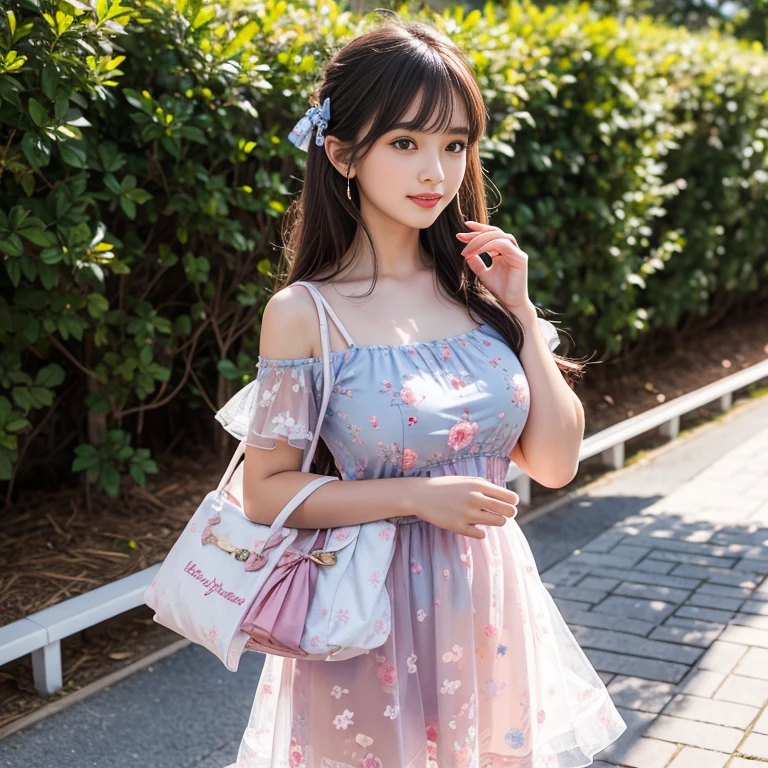 laughing out loud,travel scenery photos,Put on a sweet dress,blue floral pattern dress,Floral pattern scattered throughout the dress,Puff sleeves,公主Puff sleeves,Puff sleeves蓋住肩膀,Puff sleeves cover shoulders,Short sleeve,A-line dress,(There is a layer of transparent mesh outside the skirt), Fluffy and lightweight dress,(The dress is made of mesh), There are pink ribbon bows on both sides of the collarbone.,High hem A-line skirt,1 female, On the face, light brown hair, blunt bangs, hair behind ears, Shoulder length hair, long hair, Slender body type, 超face slimming型, face slimming, delicate lips, beautiful eyes, Thin blush, Eyes are light brown,Check it out here, (actual:1.3), One person's perspective, 8k, Super detailed, high quality, best quality, High resolution,2,above knee shot,Breast protrusion,plump breasts, Breasts in clothes,Clothing covers the breasts