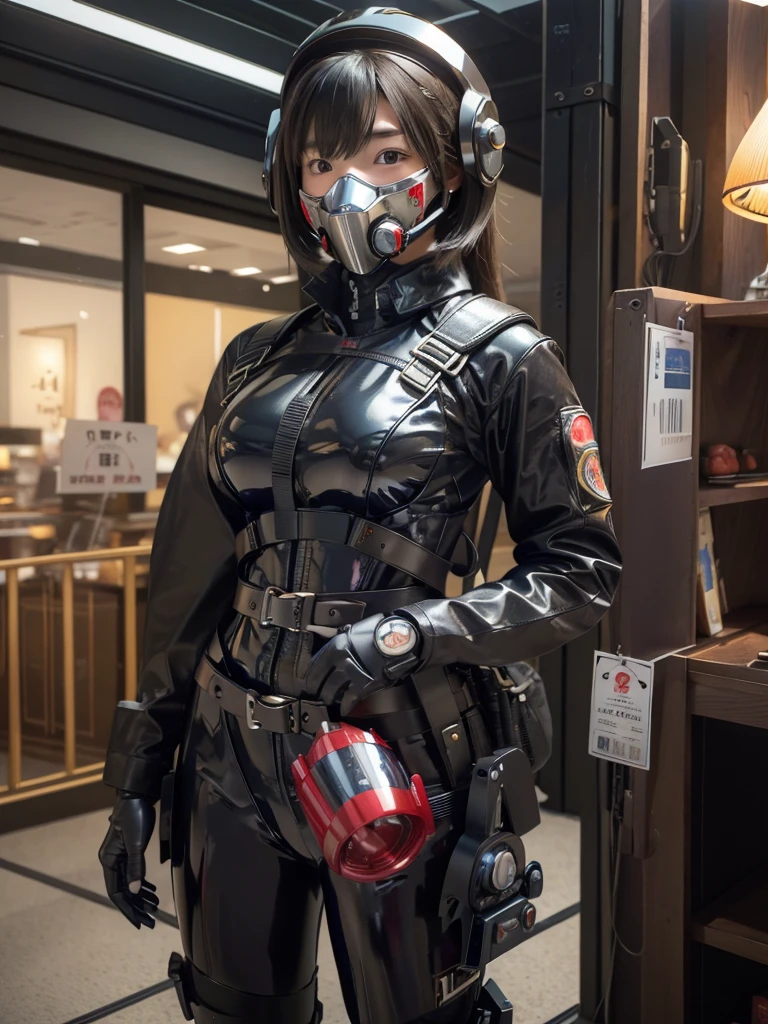 masterpiece, Highest quality, Very detailed, Japanese Android girl, Beautiful 2 Japanese woman, Plump,Slightly thicker,Control panel,Android,cyborg,Blunt bangs,Red bodysuit,Thick harness belt,Full-face helmet,Gas mask with regulator,Holding a rocket launcher,
