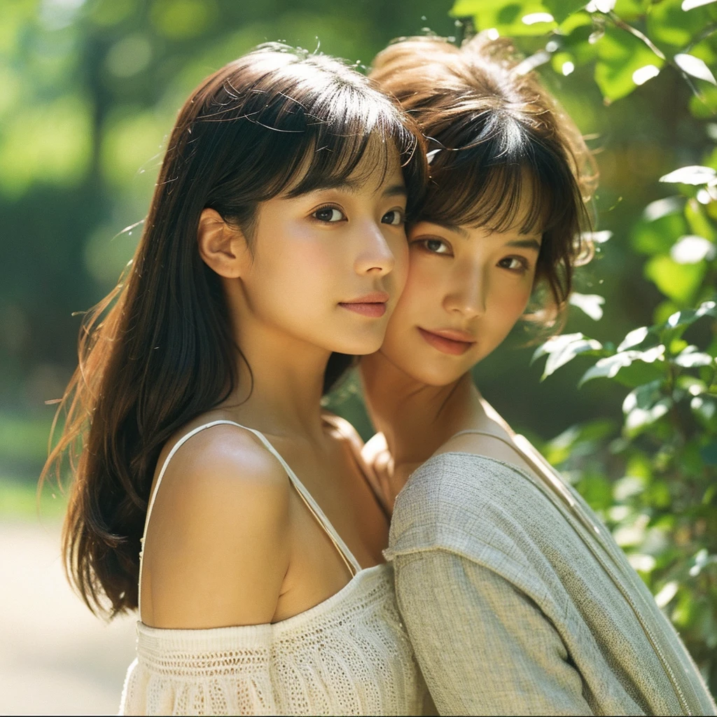 A hyper-realistic close-up image of a single Japanese woman in her early 20s, captured with the nostalgic warmth and subtle graininess of a film camera, focusing on her face and shoulders. Her skin has a warm beige tone with a natural, slightly rough texture that includes visible pores, fine lines, and subtle imperfections such as small blemishes, adding to the authenticity of her appearance. The soft, diffused natural light typical of a sunny summer day casts gentle, warm shadows on her face, enhancing the film-like quality while maintaining the realistic texture of her skin. Her straight, glossy black hair is slightly tousled by a gentle summer breeze, framing her face naturally. She is wearing a light, summery outfit, perhaps with straps visible at the shoulders, that complements her natural beauty and suits the warm weather. The film camera effect introduces a slight grain and a softer focus, giving the image a warm, nostalgic atmosphere while preserving the realism of her skin and features. The overall composition captures the serene and effortless elegance of a summer day, with the focus on the realistic texture of her skin and the timeless quality of the film camera aesthetic.