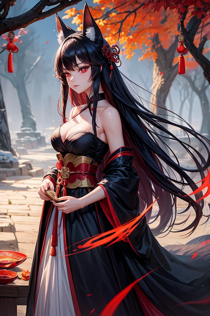 beautiful girl with Chinese styled hair, red eyes, fox ears and a black fox tail, wearing a extravagant off shoulder Hanfu dress, hyperrealistic, highly detailed, 8k, photorealistic, intricate, cinematic lighting, dramatic lighting, scenic atmosphere, warm color palette, cinematic pose, elegant, mystical, magical, fanciful, ethereal, fantasy art, Beautiful Chinese trees scenery